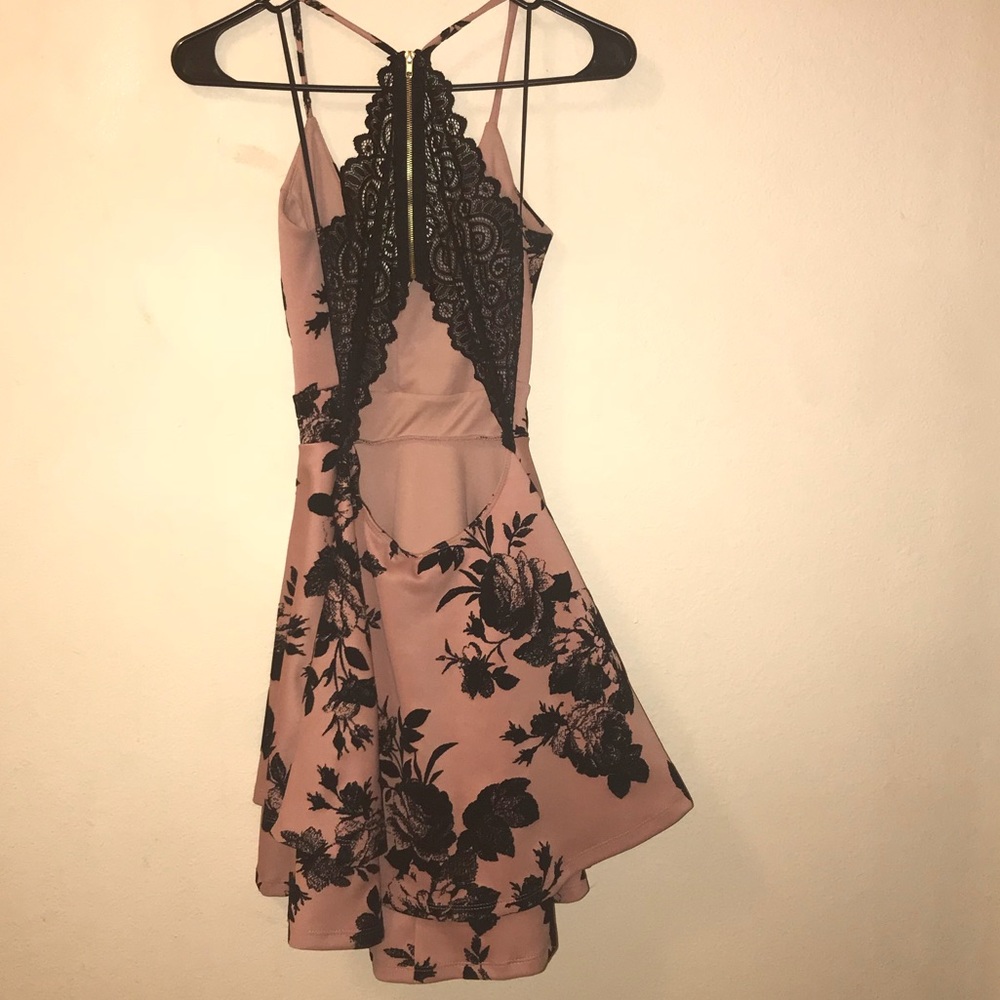 A pink formal dress with black floral pattern!